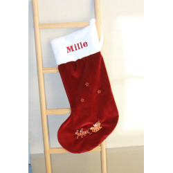 Stor Luksus velour  Julestrømpe med julemand, kane og navn på