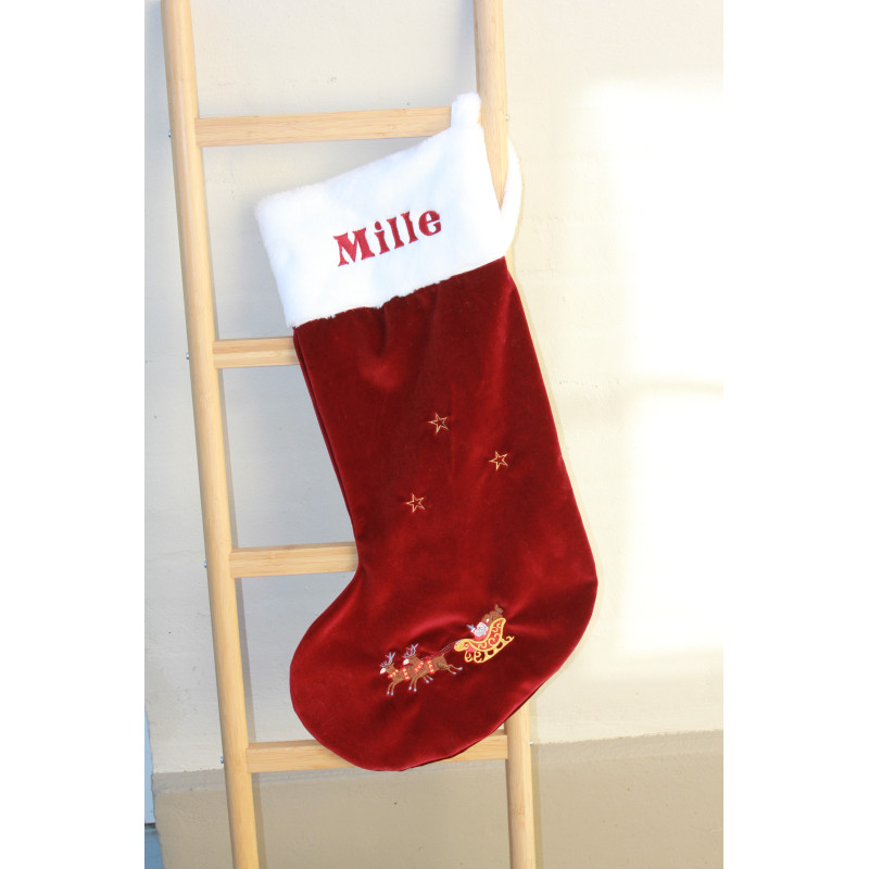 Stor Luksus velour  Julestrømpe med julemand, kane og navn på
